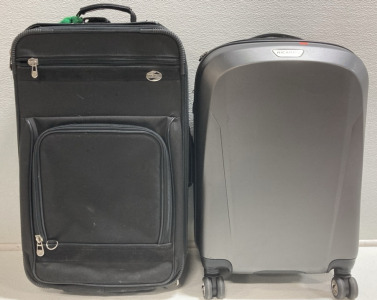 (2) Rolling Carry-On Suitcases: (1) American Tourist Black Soft Shell, (1) Ricardo Gray Hard Shell