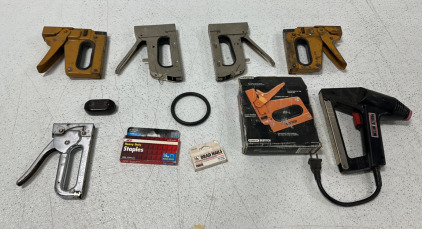 (6) Handheld Manual Staple Guns, (1) Parker Electric Stapler Gun, (1) Pack Of Ace Hardware Heavy Duty 1/4&rsquo;&rsquo; Staples, (1) Pack Of Brad Nails 1/2&rsquo;&rsquo; Nails