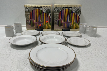 (2) Sets If Stoneware 4 Piece Barcelona Sets, Large Set Of Glassware Including Small Plates, Large Plates, Bowls And Mugs