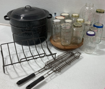 Large Stockpot; Coated Broiling Pan Rack; (14) Glass Mason Jars; Wooden Lazy Susan; (2) Slender Grilling Baskets; Amazon Water Bottle