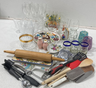 Assorted Glassware, Kitchen Utensils, Decorative Dishes and Candle Holders