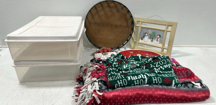 (1) Medium Sized Green Christmas Blanket, (1) Large Red Christmas Blanket, (1) Christmas Serving Plate, (1) Purple Camo Fly Swatter, (2) 26’’ Underbed Storage Boxes