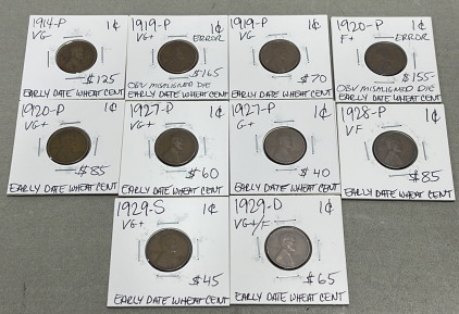 (10) Wheat Pennies Dated Between 1914 - 1929