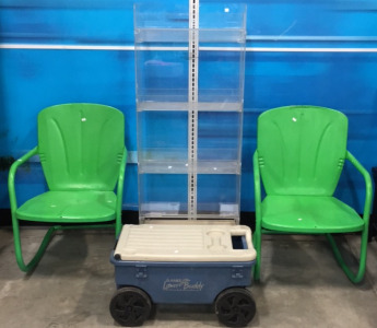 (2) Green Metal Rocking Chairs, (1) Clear Plexiglass Shelf, (1) Lawn Buddie Cooler/ Wagon