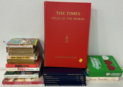 (25) Books And DvDs Including The Times Atlas Of The World, Applehood And Motherpie Cook Book, Walt Kelly Pogo Reruns, The Holy Land Revealed DvD And More