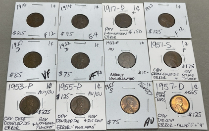 (12) Wheat Pennies Dated 1910-1957
