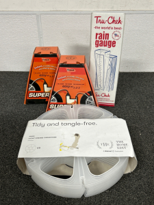 RAIN GAUGE, (2) SUPER SPARE TIRE REPAIR AND INFLATING SYSTEM, AND LIGHT STRING ORGANIZER