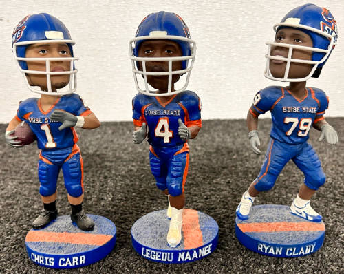 3 BOISE STATE BRONCOS CERAMIC BOBBLE HEADS: CHRIS CARR, LEGEDU NAANEE AND RYAN CLADY