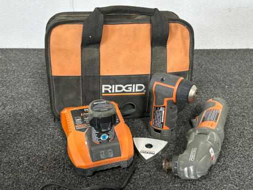 RIDGID POWER TOOL WITH ATTACHMENT, BATTERY AND CHARGER- MAY REQUIRE NEW BATTERY OR NEEDS FULLY CHARGED