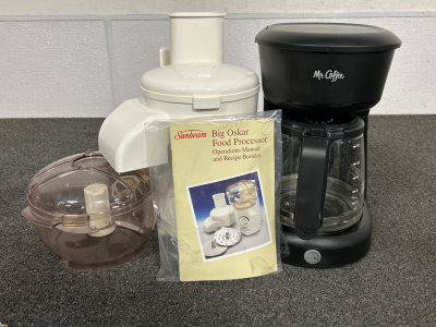 SUNBEAM BIG OSKAR FOOD PROCESSOR AND MR. COFFEE MAKER (BOTH POWER ON)