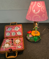 TINKERBELL MUSIC LAMP (LIGHT WORKS BUT NO SOUND) AND VINTAGE KIDS TEA FOR 2 PICNIC BASKET WITH CUPS, PLATES, SAUCERS, TEAPOT, CREAM AND SUGAR JARS AND UTENSILS