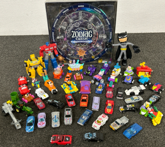 ZODIAC CLASH GAME, VARIOUS TOY CARS, 2 TRANSFORMERS AND POSABLE BATMAN