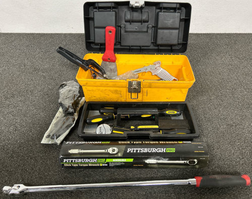 SMALL TOOLBOX WITH VARIOUS TOOLS, LONG TORQUE WRENCH AND A BRAND NEW CLICK TYPE TORQUE WRENCH 3/8” DRIVE