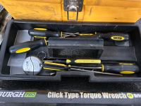 SMALL TOOLBOX WITH VARIOUS TOOLS, LONG TORQUE WRENCH AND A BRAND NEW CLICK TYPE TORQUE WRENCH 3/8” DRIVE - 3