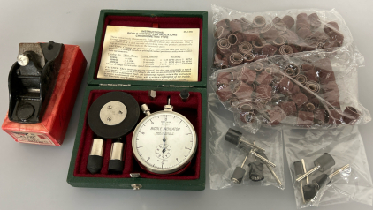 VINTAGE BIDDLE HAND SPEED INDICATOR, DREMEL BITS WITH SAND PAPER AND VINTAGE BLOCK PLANE (3 1/2” LONG, 1” CUTTER)