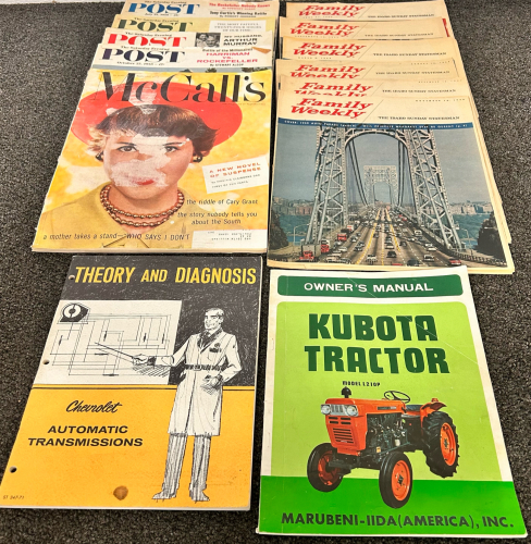 THE SATURDAY EVENING POST (1957-59), FAMILY WEEKLY BY THE IDAHO SUNDAY STATESMAN (1957-59) CHEVROLET TRANSMISSION GUIDE (1971) AND KUBOTA TRACTOR MODEL L2I0P