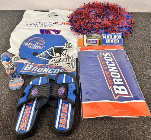 BOISE STATE BRONCOS TINSEL WREATH, MAILBOX COVER, FELT FABRIC WITH HELMET IMAGE, SANDALS AND ‘QUINTIN MIKELL’ CERAMIC BOBBLE HEAD