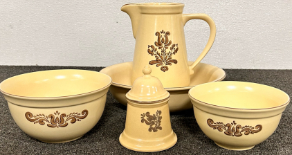 BEAUTIFUL PFALTZGRAFF STONEWARE 2 QUART PITCHER, BASIN, 2 BOWLS AND SMALL JAR WITH LID