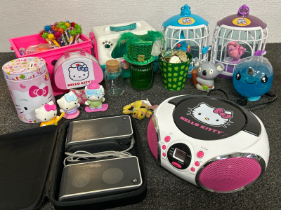 WORKING HELLO KITTY RADIO/CD PLAYER, LOGITECH SPEAKERS (AUX CABLE) TOYS AND CRAFT ITEMS