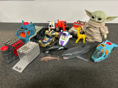 KIDS TOYS-GROGU, JURRASIC PARK VEHICLES AND CAGES, LITTLE BUZZ LIGHTYEAR ROCKET SHIP AND MORE