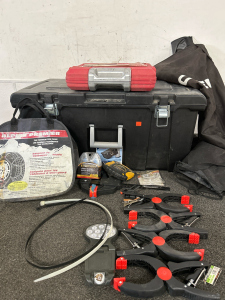 WINTER TIRE CHAINS, WINDSHIELD & SIDE MIRROR COVER, STERILITE PLASTIC TRUNK BOX, INCOMPLETE TOOL KIT, CLAMPS AND A PAIR 9006 HEADLIGHT HALOGEN BULBS