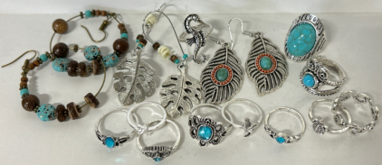 BEAUTIFUL COSTUME JEWELRY INCLUDES RINGS AND EARRINGS (RINGS SIZES VARY 4-6)