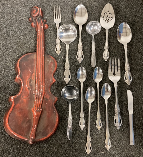 13 PIECE SILVERWARE SET, DECORATIVE WALL HANGING CELLO