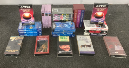 (1) BOX OF VHS TAPES INCLUDING “READERS DIGEST WONDERS OF NATURE”, “VICTOR BORGE IN LONDON”, (3) MAXWELL STANDARD GRADE TAPES”, AND MORE