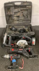 TOOL BOX INCLUDING CRAFTSMAN 13MM DRILL, CRAFTSMAN RECIPROCATING SAW, CRAFTSMAN TRIM SAW, CRAFTSMAN 19.2 VOLT LIGHT, AND CHARGERS