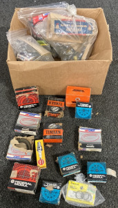 BOX OF BCA BEARINGS, (1) SPARK PLUG, OIL AND GREASE SEALS, SAFTEY VALVES, MINI LAMPS AND MORE