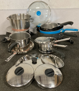 (11) STAINLESS STEEL AND T-FAL POTS AND PANS W/ LIDS