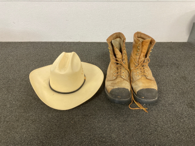 GORILLA BOOTS INSULATED SIZE 11E AND RESISTOL COWBOY HAT SIZE 7 3/8