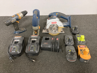 RYOBI POWER TOOLS, SKILL SAW NO BLADES, SCREW DRIVER, CIRCULAR SAW, 3 CHARGES, 5 BATTERIES