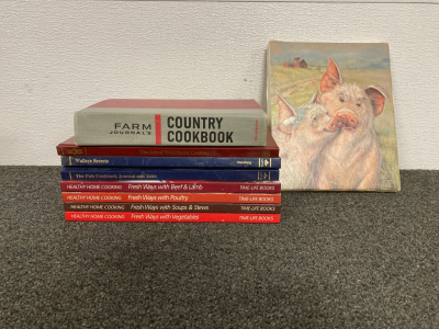 COOKBOOKS AND PIG CANVAS PAINTING