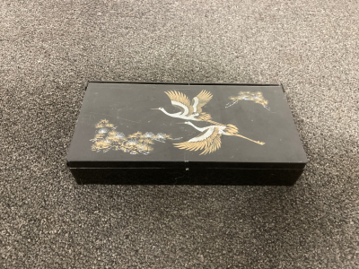 BLACK CRANE JEWELRY BOX WITH FASHION JEWELRY, RINGS, BRACELETS, NECKLACES