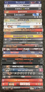 MOVIES INCLUDING MR DEEDS, ADDICTED, THE LAST SONG, TRICK OR TREAT, NOBODYS FOOL, 2 GUNS, I ROBOT, AMBULANCE