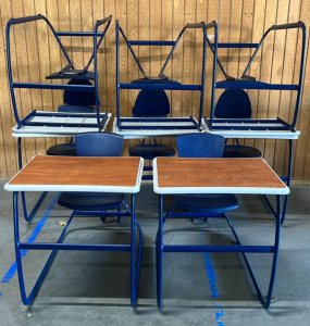 (8) BLUE METAL/ PLASTIC SCHOOL DESK CHAIRS