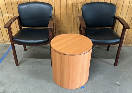 (2) DARK WOOD/ BLACK CUSHION CHAIRS AND LIGHT WOOD COFFEE TABLE