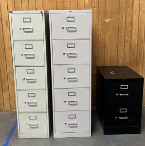 (3) FILING CABINETS, WHITE (60&rdquo;x 15&rdquo;x 26 1/2&rdquo;), LIGHT GREY (60&rdquo;x 18 1/4&rdquo;x 26 1/2&rdquo;) AND BLACK ( 29&rdquo;x 18 1/4&rdquo;x 26 1/2&rdquo;)
