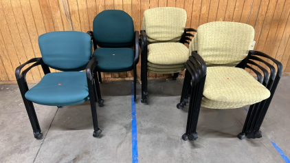 (13) TAN PATTERNED/ DARK GREEN/ TEAL CUSHIONED/ METAL ( SOME ROLLING) CHAIRS