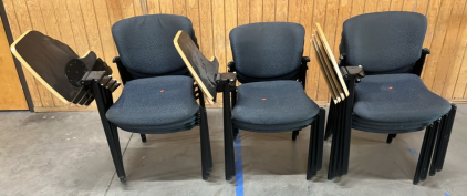(11) DARK BLUE/ METAL CHAIR W/ WOOD DESK ATTCHMENT