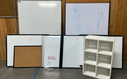 (5) MUTI- SIZED WHITEBOARD, CORK BULLETIN BOARD, AND WHITE 6 CUBE STORAGE ORGANIZER