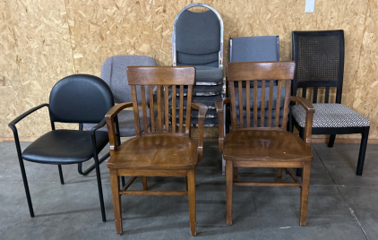 GROUP OF CHAIRS: (2) WOODEN CHAIRS AND THE REST ARE PADDED. TOTAL OF 13 CHAIRS