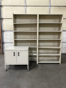 SMALL ROLLING CABINET- 30&rdquo;x 20&rdquo;x 29&rdquo; AND LARGE 6-TIER METAL SHELF- 6&rsquo;x 16&rdquo;x 75&rdquo;