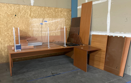 LONG DESKS WITH MIXED DESK PARTS AND PIECES. LONGEST DESK/ TABLE IS 9&rsquo;x30&rdquo;x30&rdquo;, SMALLER DESK TABLE 7&rsquo;x23&rdquo;x29&rdquo;.