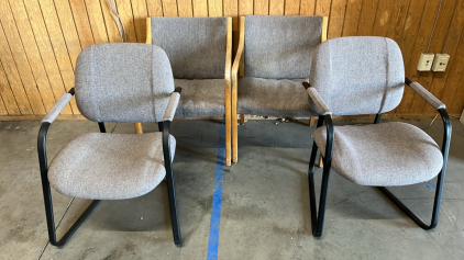 (4) LIGHT GREY WOOD/ METAL CUSHIONED CHAIRS