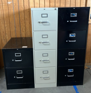 (3) FILING CABINETS BLACK (52&rdquo;x 18&rdquo;x 26 1/2&rdquo;), SMALL BLACK (29&rdquo;x 18x 26 1/2&rdquo;) AND WHITE (53&rdquo;x 15&rdquo; x 26 1/2&rdquo;)