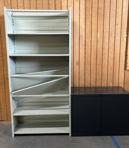 METAL BOOK SHELF AND SMALL GREY METAL CABINET