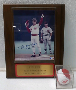 Pete Rose Autographed 12-15 Plaque, Cincinnati Reds Cased Ball