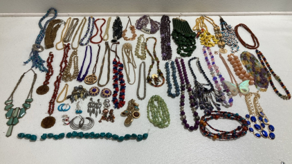 (42) Assorted Fashion Necklaces, (1) Strand of Turquoise Beads, (2) Bracelets, (9) Sets of Earrings